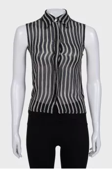Black and white silk sleeveless blouse