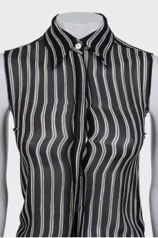 Black and white silk sleeveless blouse