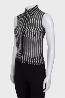 Black and white silk sleeveless blouse