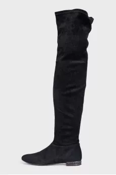 Black suede over-the-knee boots with rhinestones