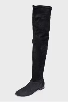 Black suede over-the-knee boots with rhinestones