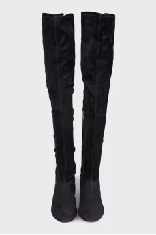 Black suede over-the-knee boots with rhinestones