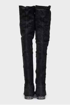 Black suede over-the-knee boots with rhinestones