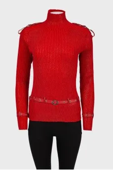 Red sweater with leather straps