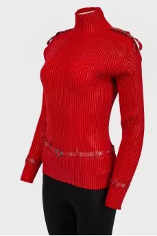 Red sweater with leather straps