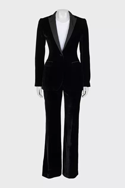 Black velvet suit with straight trousers