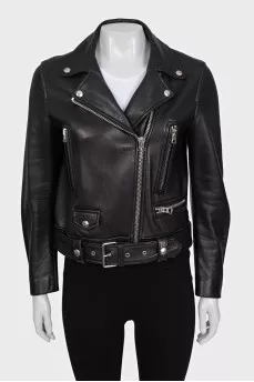 Black leather jacket with a belt