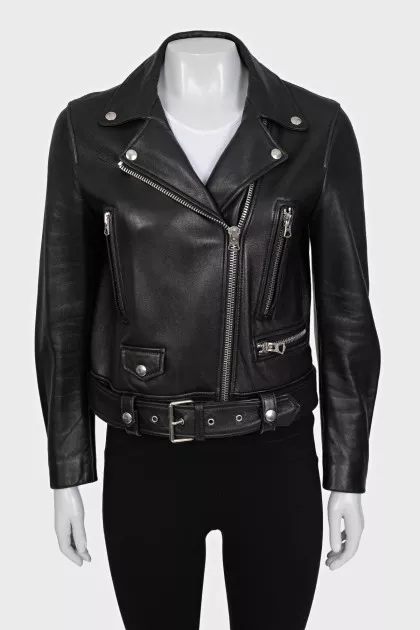 Black leather jacket with a belt