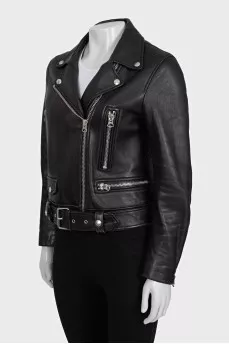 Black leather jacket with a belt