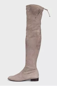 Gray suede over-the-knee boots with lace-up closures