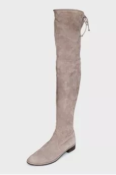 Gray suede over-the-knee boots with lace-up closures