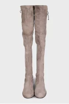 Gray suede over-the-knee boots with lace-up closures