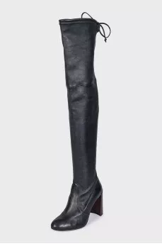 Black leather over-the-knee boots with heels