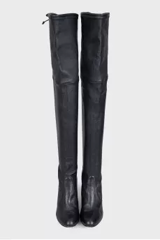 Black leather over-the-knee boots with heels
