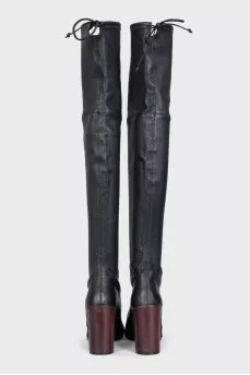 Black leather over-the-knee boots with heels
