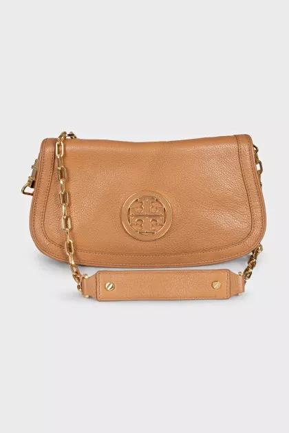 Brown leather bag with gold logo