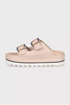 Leather flip-flops with rhinestones