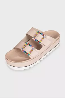 Leather flip-flops with rhinestones