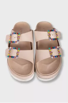 Leather flip-flops with rhinestones