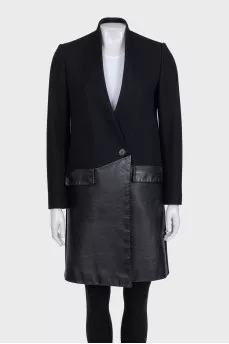 Black straight coat with leather inserts