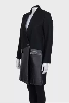 Black straight coat with leather inserts