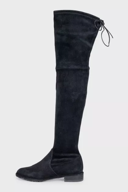 Black suede over-the-knee boots with laces