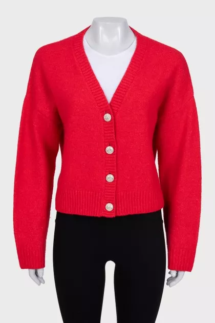 Red cardigan with silver buttons