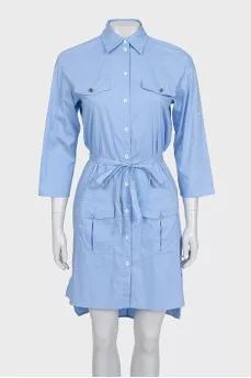Blue dress with a buttoned belt