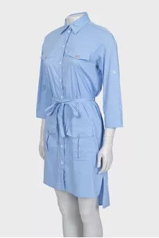Blue dress with a buttoned belt