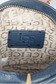 Dark blue small leather bag with golden chains