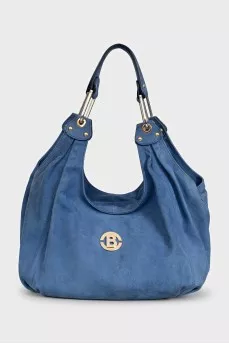 Blue leather bag with gold logo