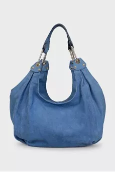 Blue leather bag with gold logo