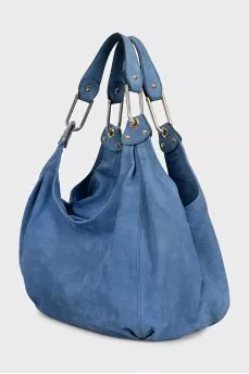 Blue leather bag with gold logo