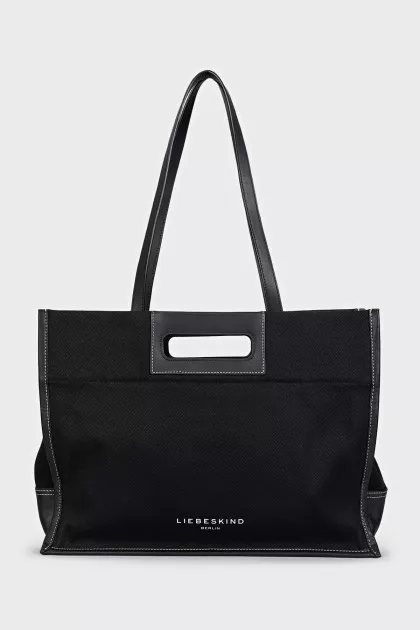 Rectangular textile bag with leather handles