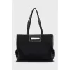 Rectangular textile bag with leather handles