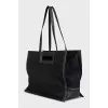 Rectangular textile bag with leather handles