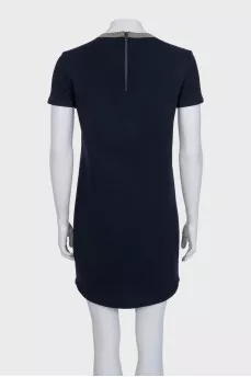 Blue wool dress with a decorated collar