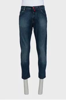 Men's blue jeans with bright buttons