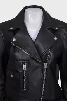 Black straight-cut leather jacket