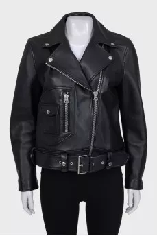Black straight-cut leather jacket