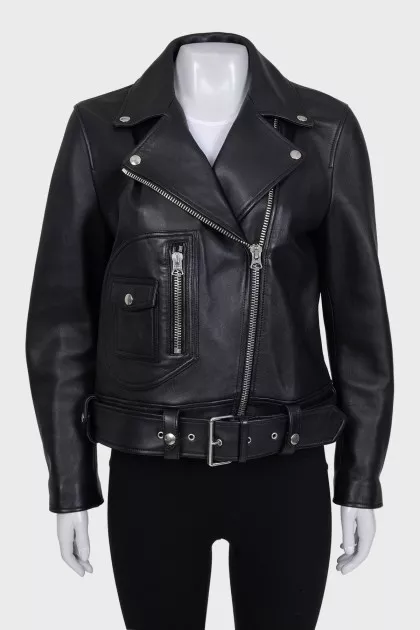 Black straight-cut leather jacket