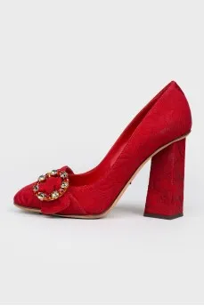 Red textile pumps with figured heels