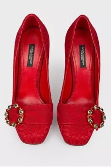 Red textile pumps with figured heels