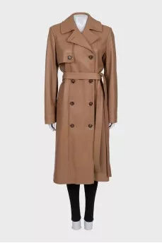 Brown leather coat with a belt