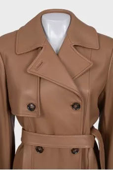 Brown leather coat with a belt