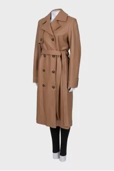 Brown leather coat with a belt