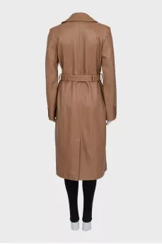 Brown leather coat with a belt
