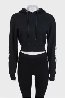 Black cropped hoodie with signature print