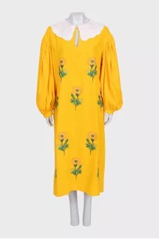 Yellow linen dress with floral embroidery