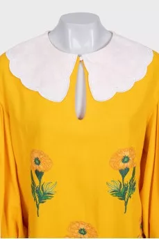 Yellow linen dress with floral embroidery